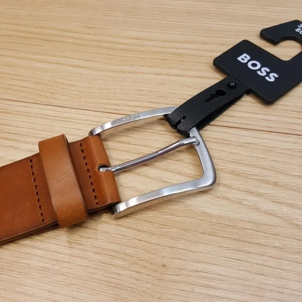 HUGO BOSS Belt Mens Size 30 Cognac Brown Genuine Leather Silver Buckle JOR
